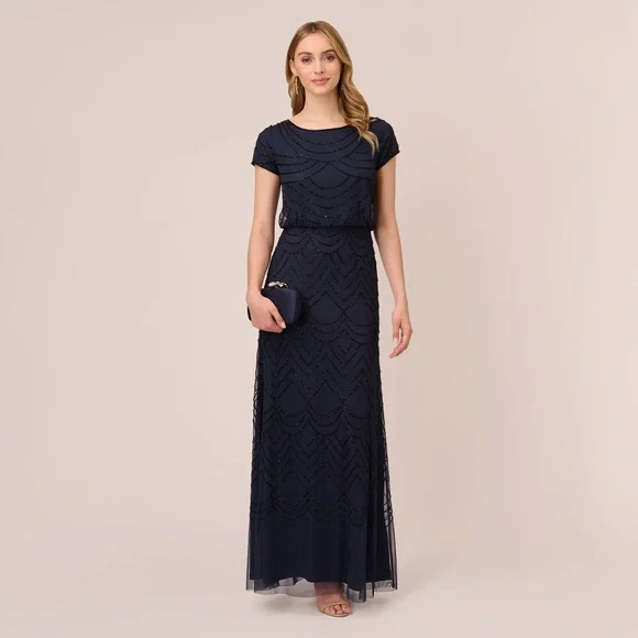 adrianna papell short sleeve beaded dress Jasmine Beaded Blouson Gown With Sheer Short Sleeves In Dusty Blue
